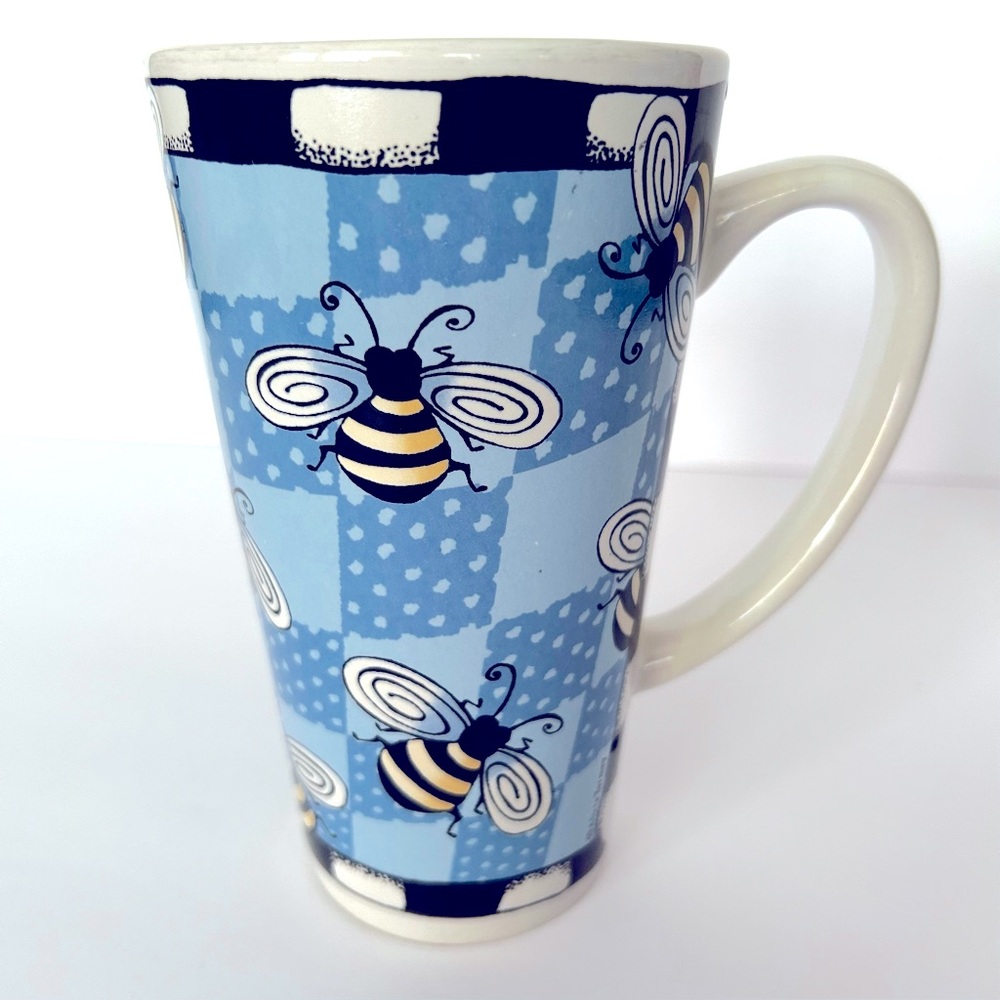 Signature Bug Me Alicia Tormey Design Tall Latte Stoneware Mug Blue Bumble Bees